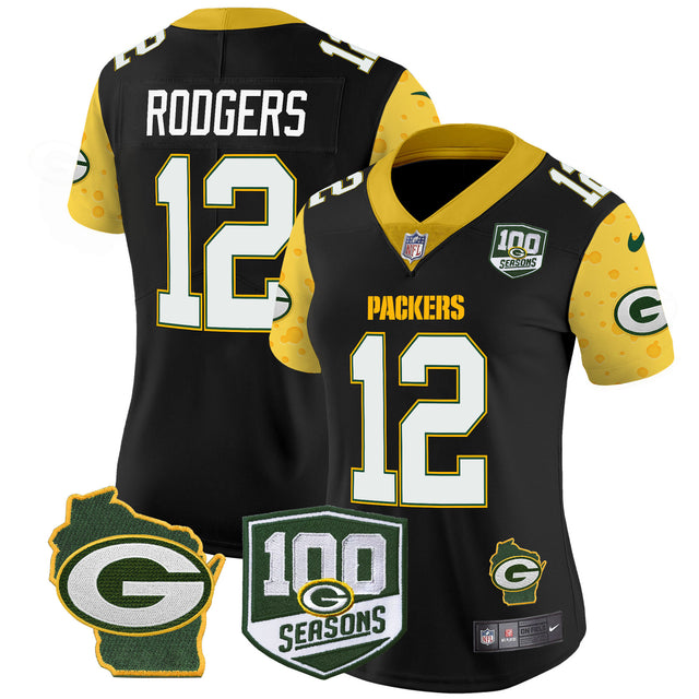 Women's Packers 100th Season & Home Patch Cheese Vapor Limited Jersey – All Stitched - Black - Aaron Rodgers — view 1