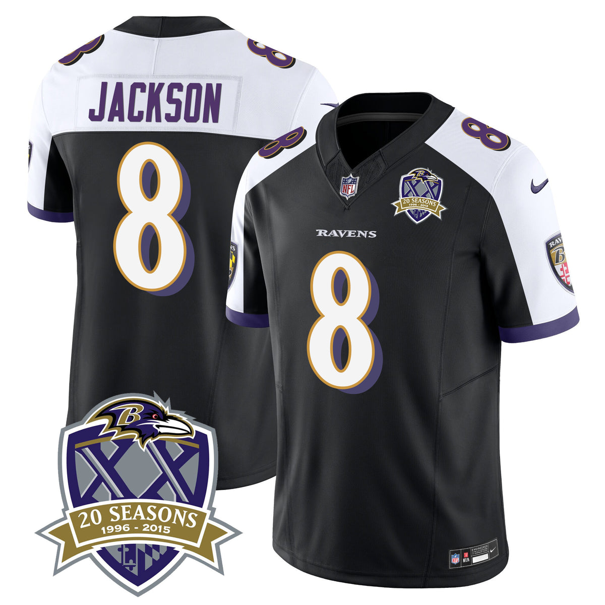Men's Ravens 20th Season Patch Vapor Limited Jersey - All Stitched - Black Alternate - Lamar Jackson — view 1