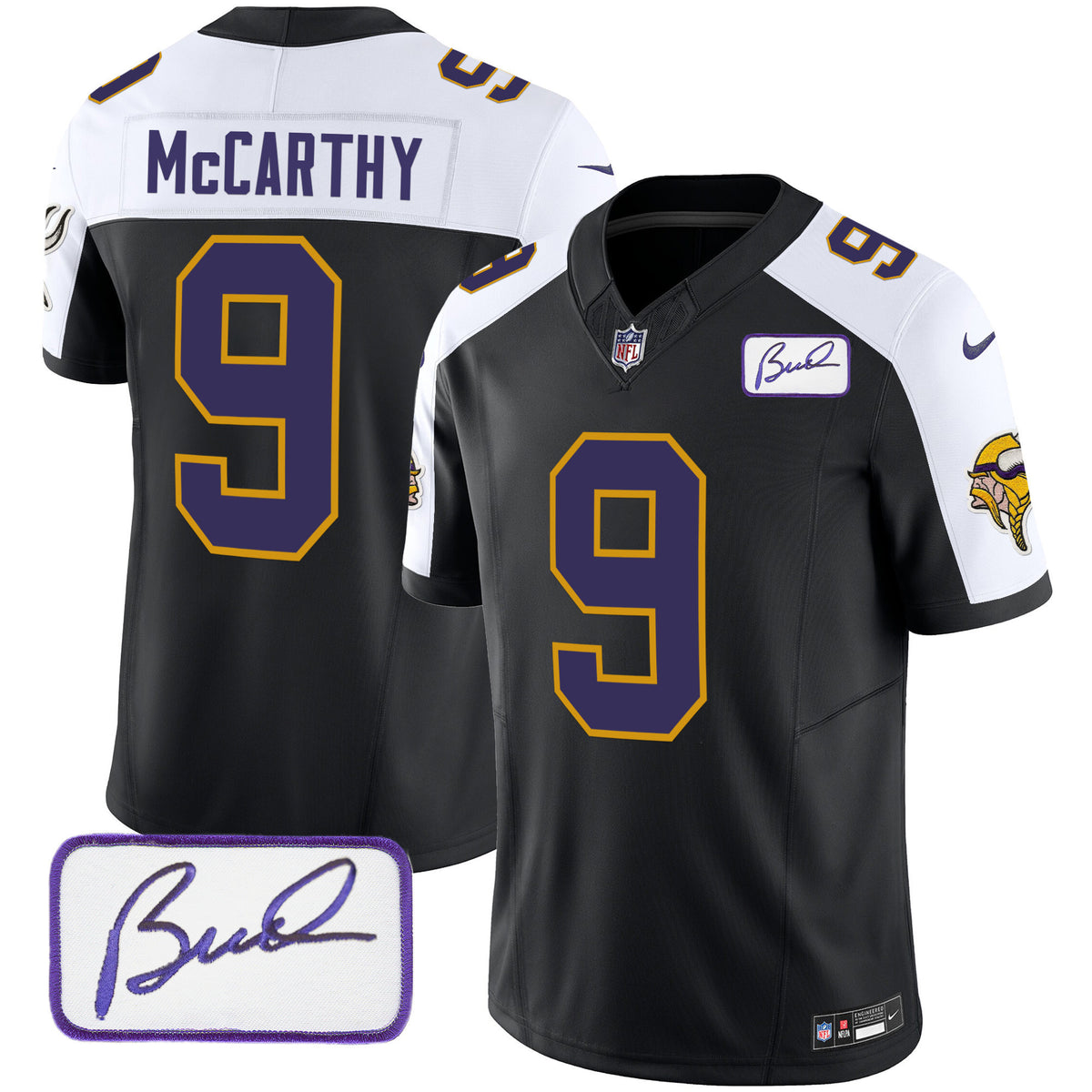 Men's Vikings Bud Grant Patch Classic Limited Jersey V3 - All Stitched - Black Alternate - J.J. McCarthy — view 1