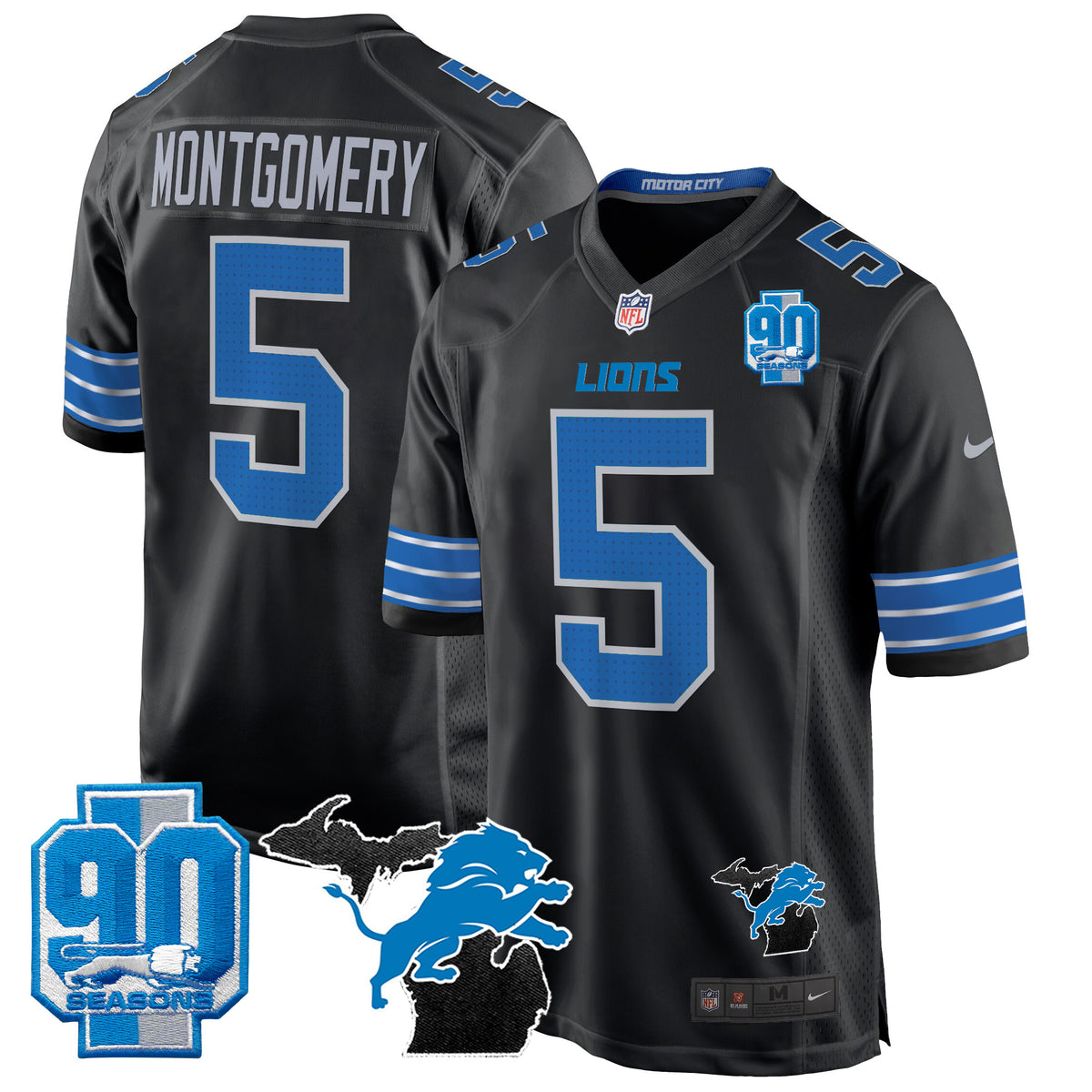 Men's Detroit Lions 2024 Michigan & 90th Year Patch Game Jersey - All Stitched - Black - David Montgomery — view 1