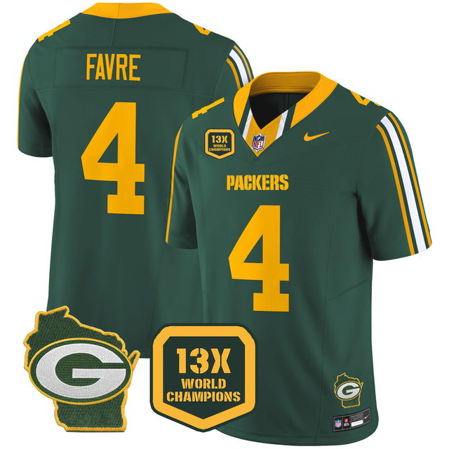 Men's Packers 13 Time World Champions & Home Patch Vapor Limited Jersey – All Stitched - Green - Brett Favre — view 1