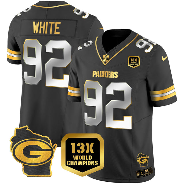 Men's Packers 13 Time World Champions & Home Patch Gold Vapor Jersey – All Stitched - Black Limited - Reggie White — view 1