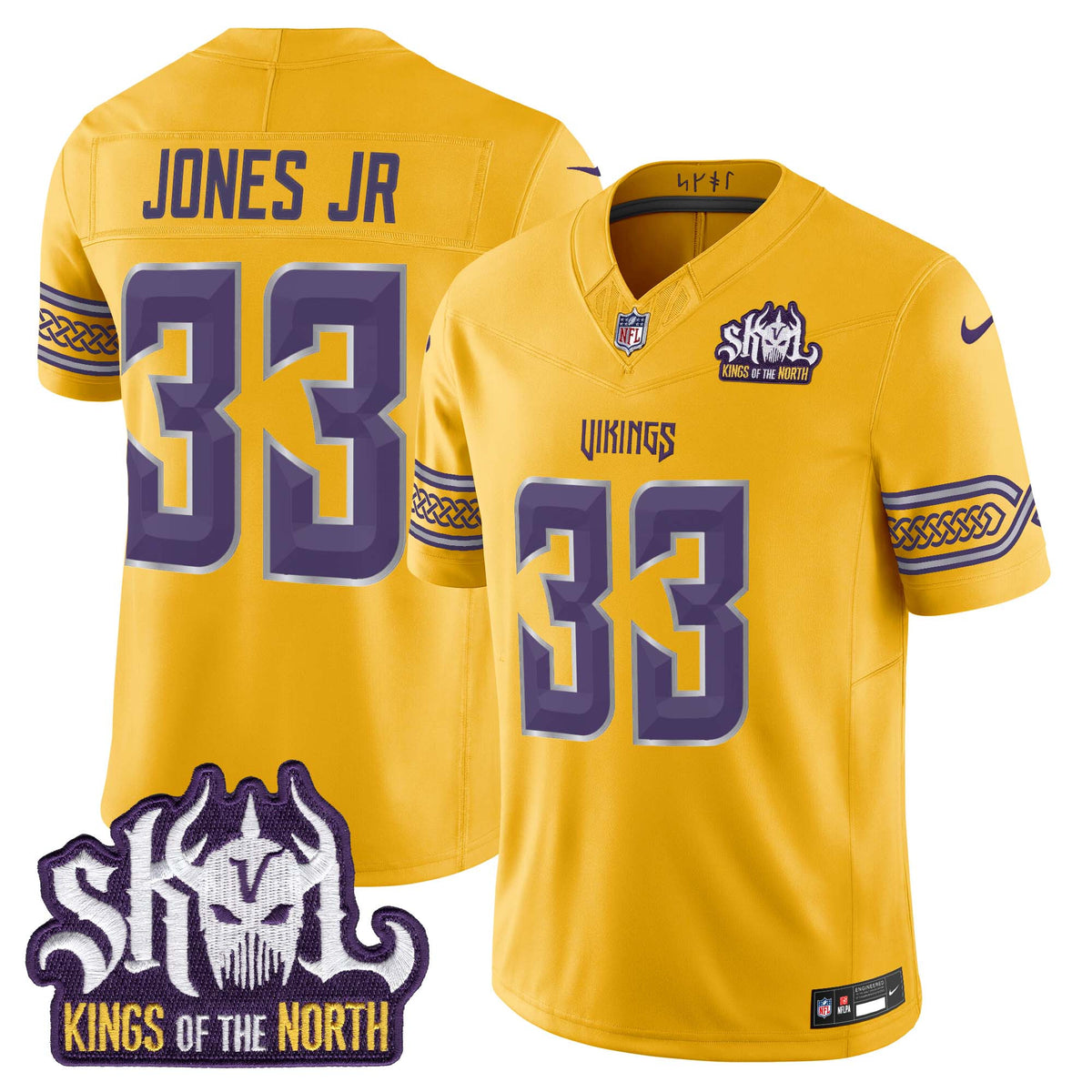 Men's Minnesota Vikings 2026 Rivalries Vapor Limited Jersey - Kings Of The North Patch - All Stitched - Gold - Aaron Jones — view 1