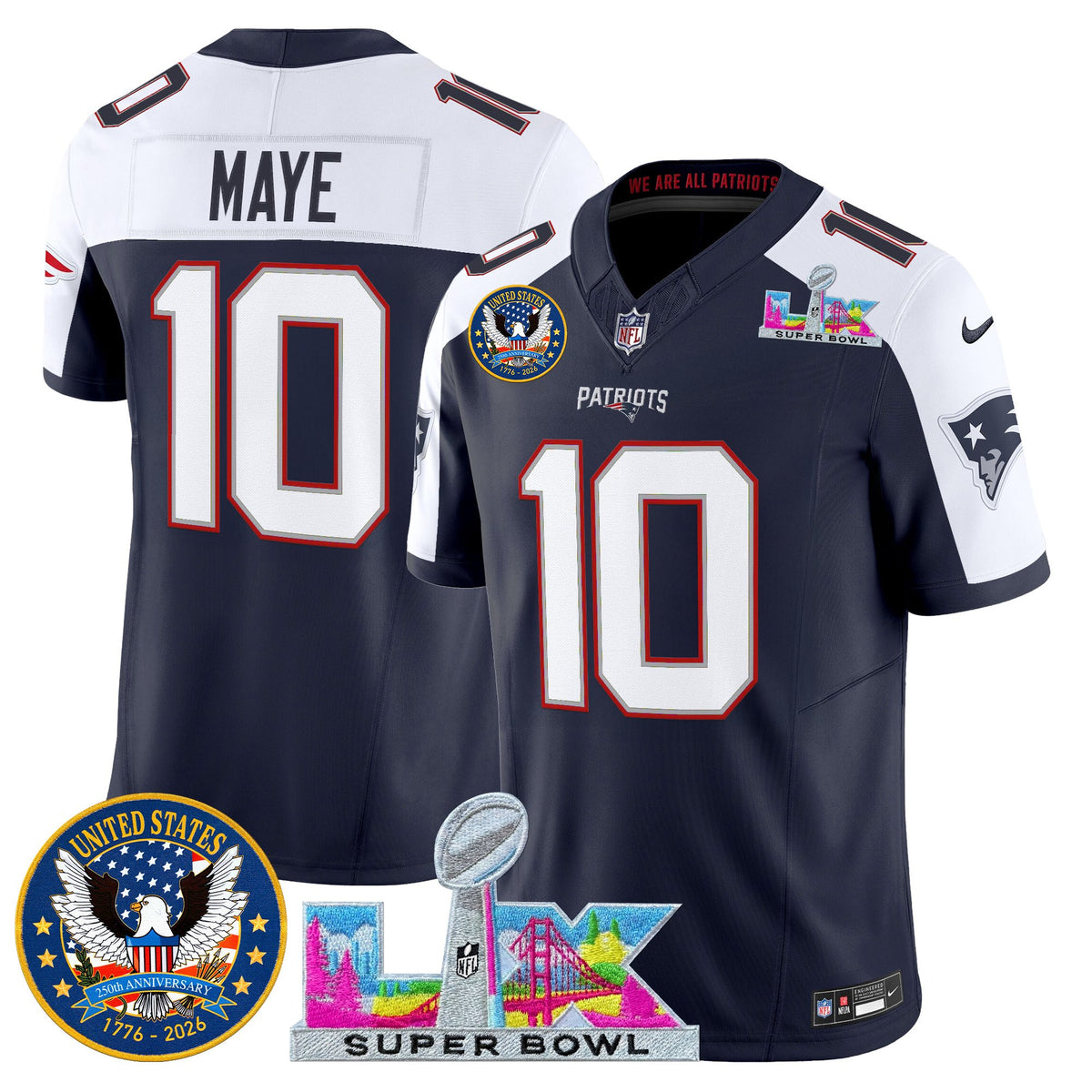 Men's New England Patriots Super Bowl LX & United States 250th Patch Vapor Limited Jersey - All Stitched - Navy Alternate - Drake Maye — view 1