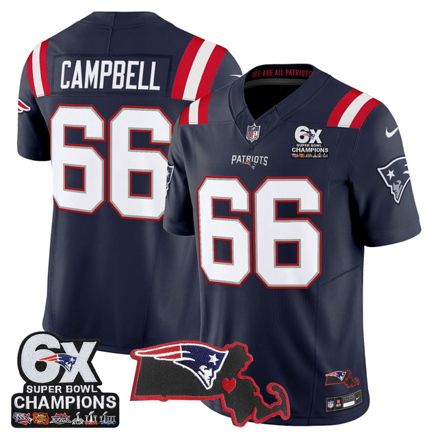 Men's New England Patriots 6-Time Champions & Massachusetts Patch Vapor Limited Jersey - All Stitched - Navy - Will Campbell — view 1