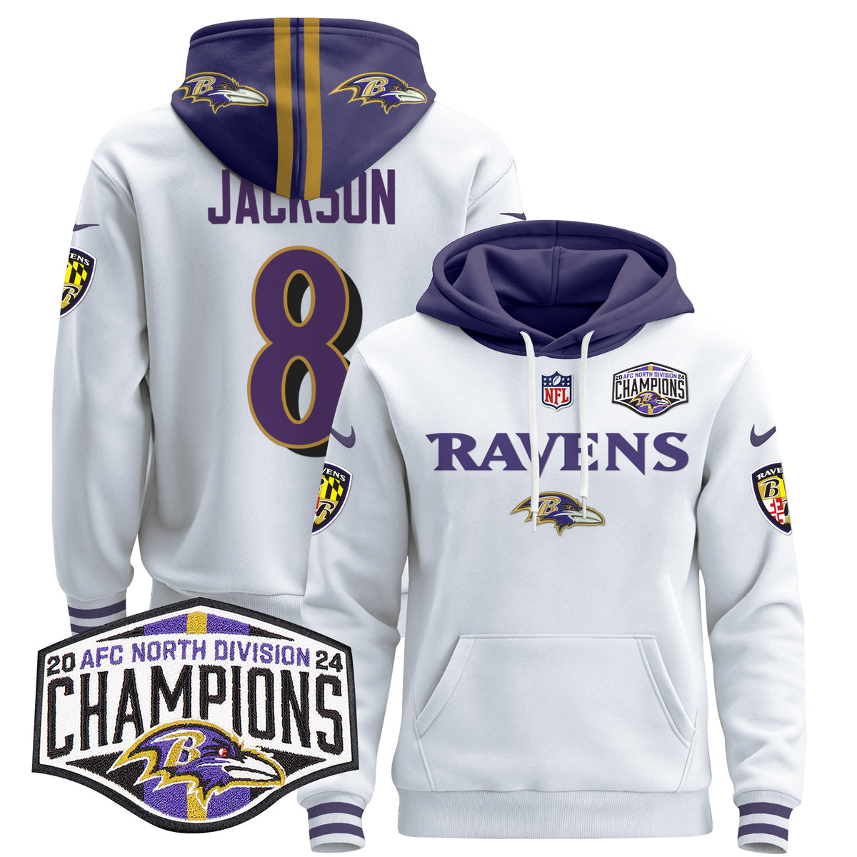 Men's Baltimore Ravens 2024 AFC North Division Champions Patch Pullover Hoodie - All Stitched - White - Lamar Jackson — view 1