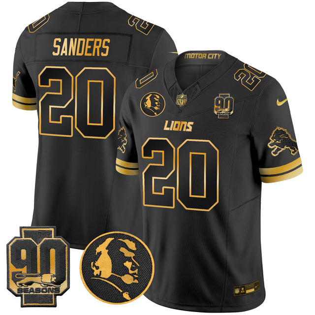 Men's Detroit Lions 2024 90th & John Madden Patch Gold Vapor Limited Jersey V2 - All Stitched - Black Gold - Barry Sanders — view 1