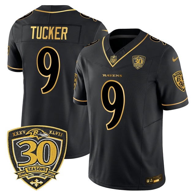 Men's Baltimore Ravens 2025 Gold Vapor Limited Jersey - 30th Anniversary Patch - All Stitched - Black Gold - Justin Tucker — view 1