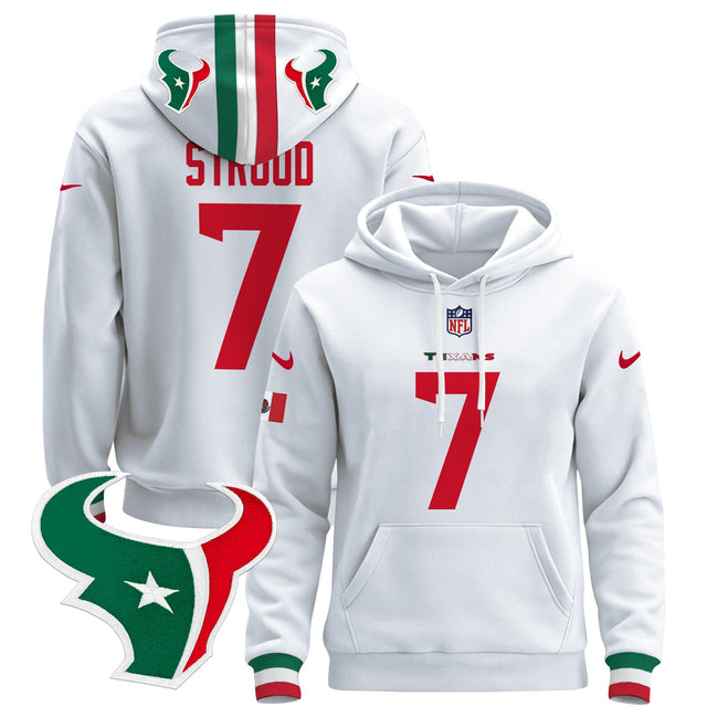 Men's Houston Texans Mexico 2024 Pullover Hoodie - All Stitched - White - C.J. Stroud — view 1