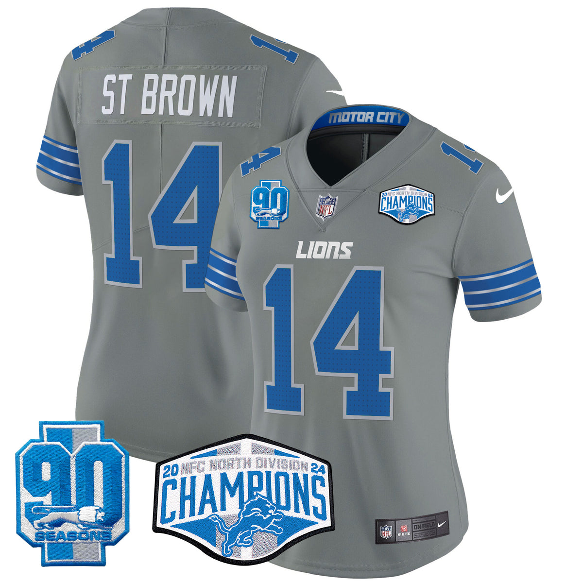 Women's Detroit Lions 2024 NFC North Division Champions Patch Vapor Limited Jersey - All Stitched - Gray - St. Brown — view 1