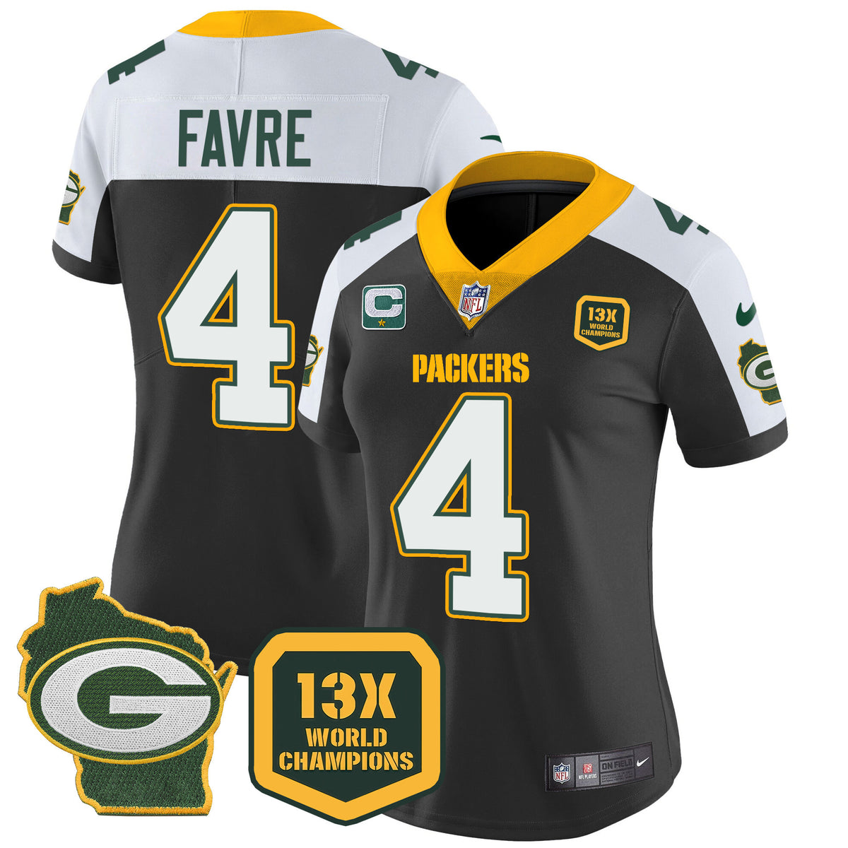 Women's Packers 13 Time World Champions & Home Patch Vapor Jersey – All Stitched - Black Alternate - Brett Favre — view 1