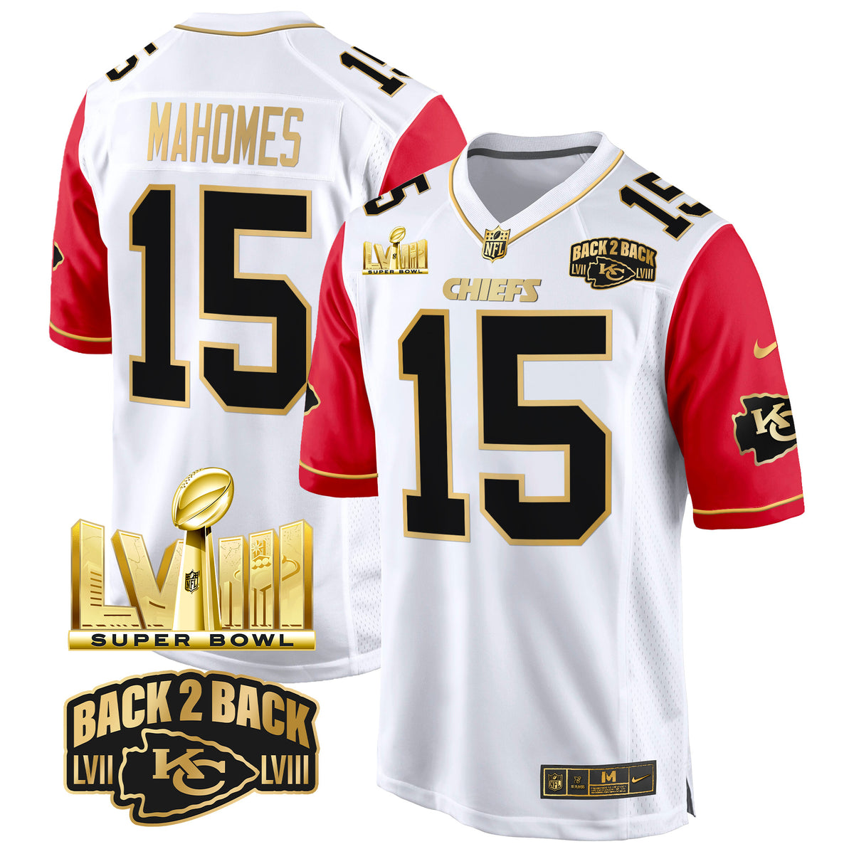 Men's Chiefs Super Bowl LVIII & Back 2 Back Gold Game Jersey - All Stitched - Color Sleeves - Patrick Mahomes — view 1