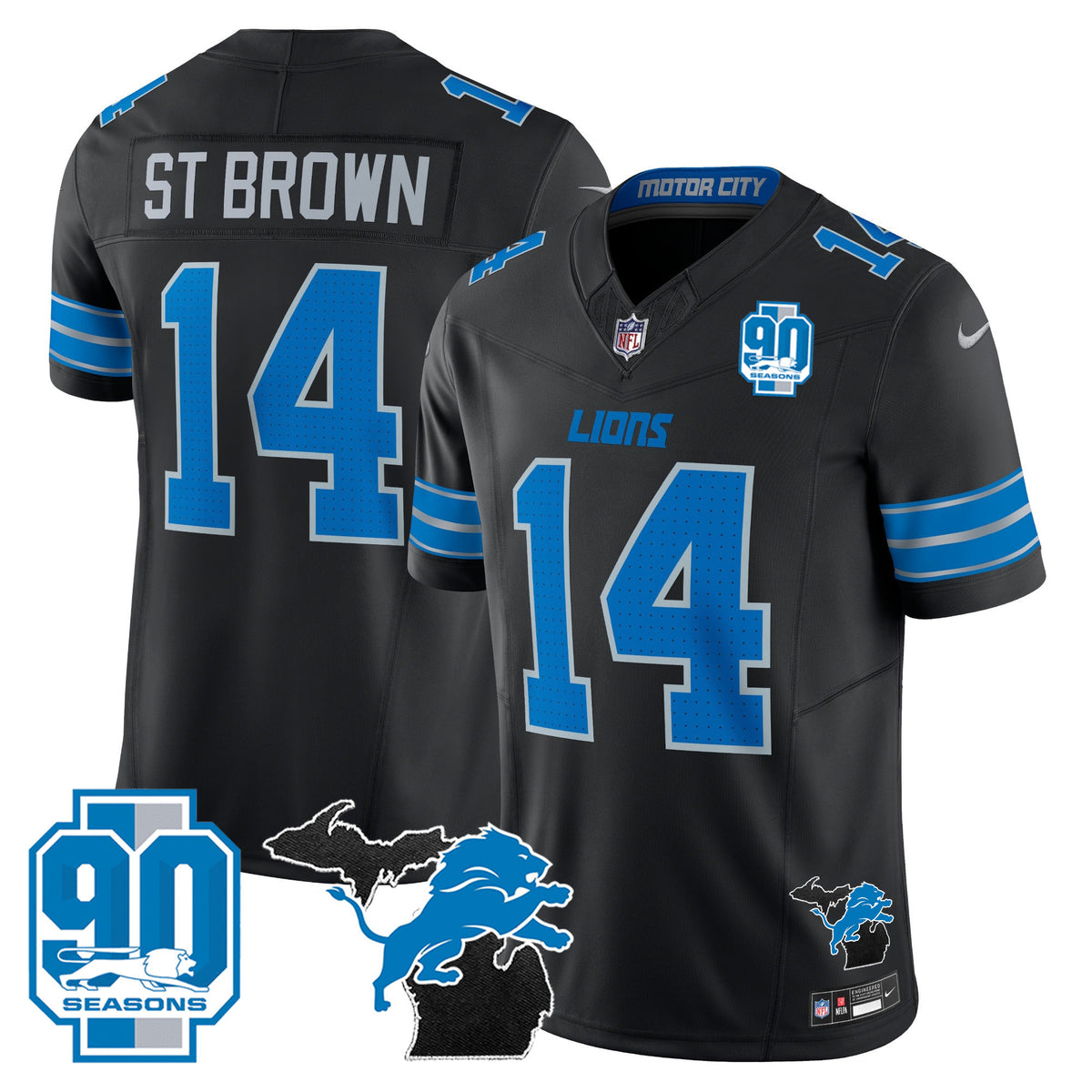 Men's Detroit Lions 2025 Michigan & 90th Year Patch Vapor Jersey - All Stitched - Black - St. Brown — view 1