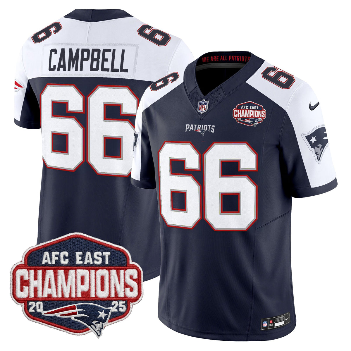 Men's New England Patriots 2025 AFC East Division Champions Vapor Limited Jersey - All Stitched - Navy Alternate - Will Campbell — view 1