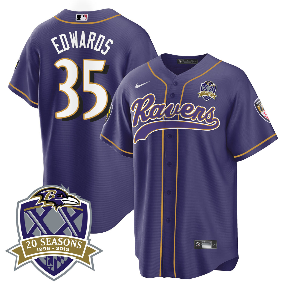 Men's Ravens 20th Season Patch Baseball Jersey - All Stitched - Purple - Gus Edwards — view 1