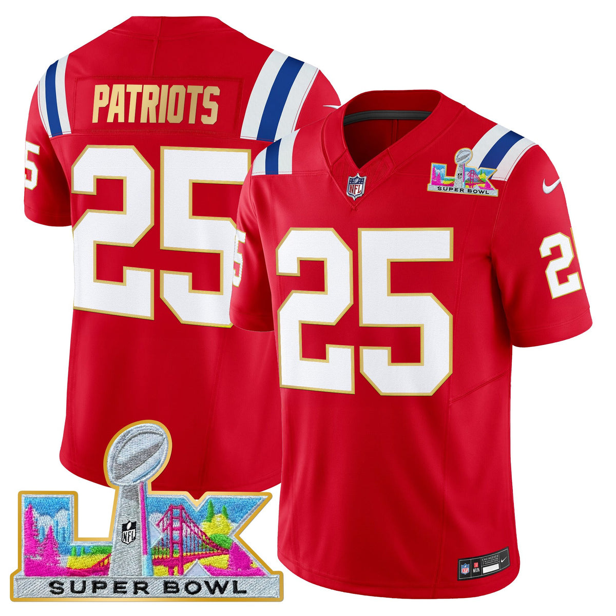 Men's New England Patriots Super Bowl LX Gold Trim Vapor Limited Jersey - All Stitched - Red - #25 Patriots — view 1