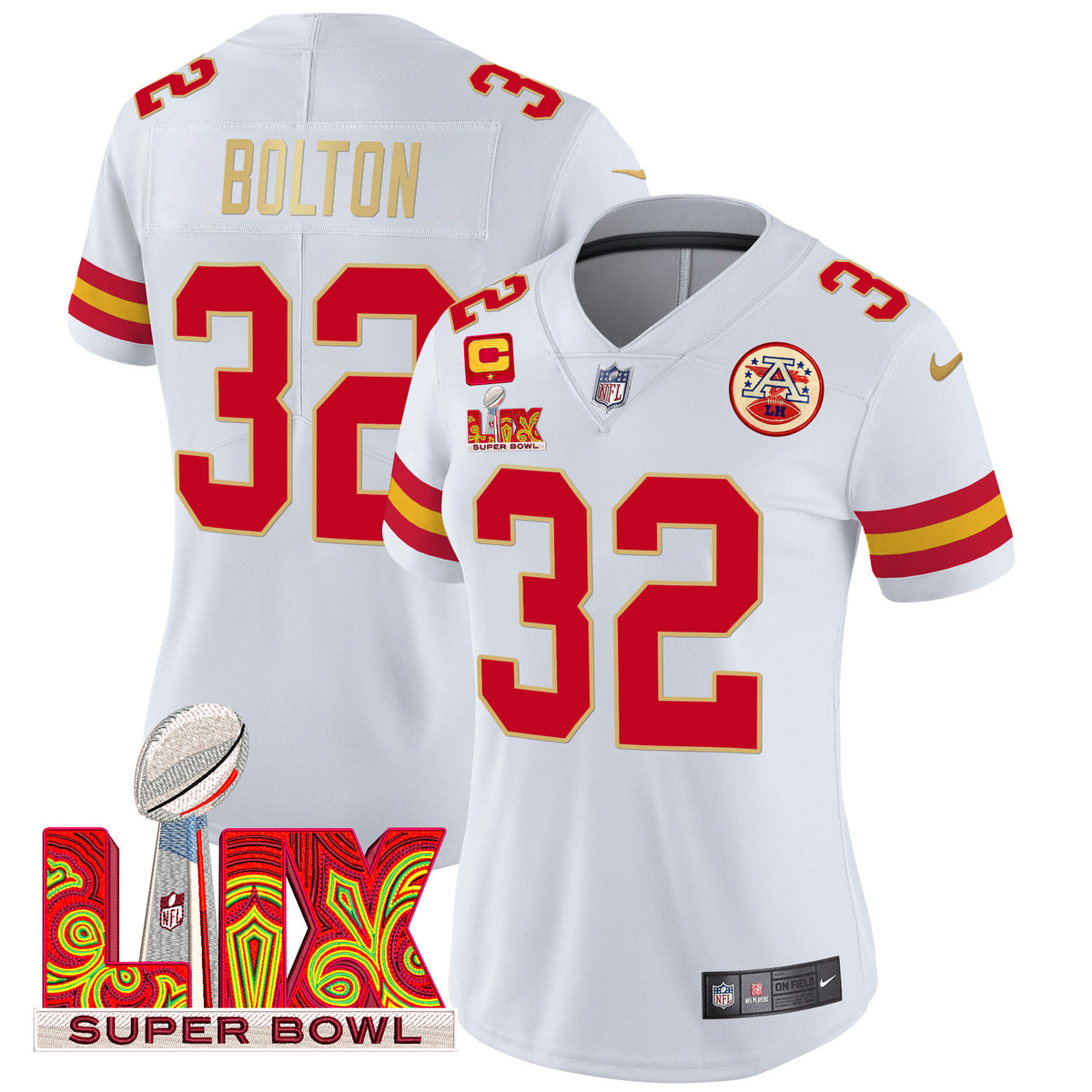 Women's Chiefs Super Bowl LIX Patch Gold Trim Vapor Limited Jersey - All Stitched - White - Nick Bolton — view 1