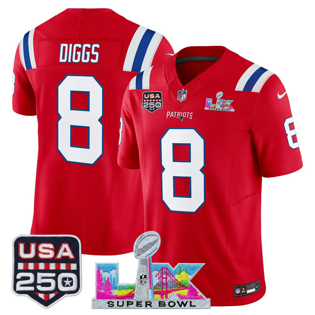 Men's New England Patriots Super Bowl LX & United States 250th Anniversary Patch Vapor Limited Jersey - All Stitched - Red - Stefon Diggs — view 1