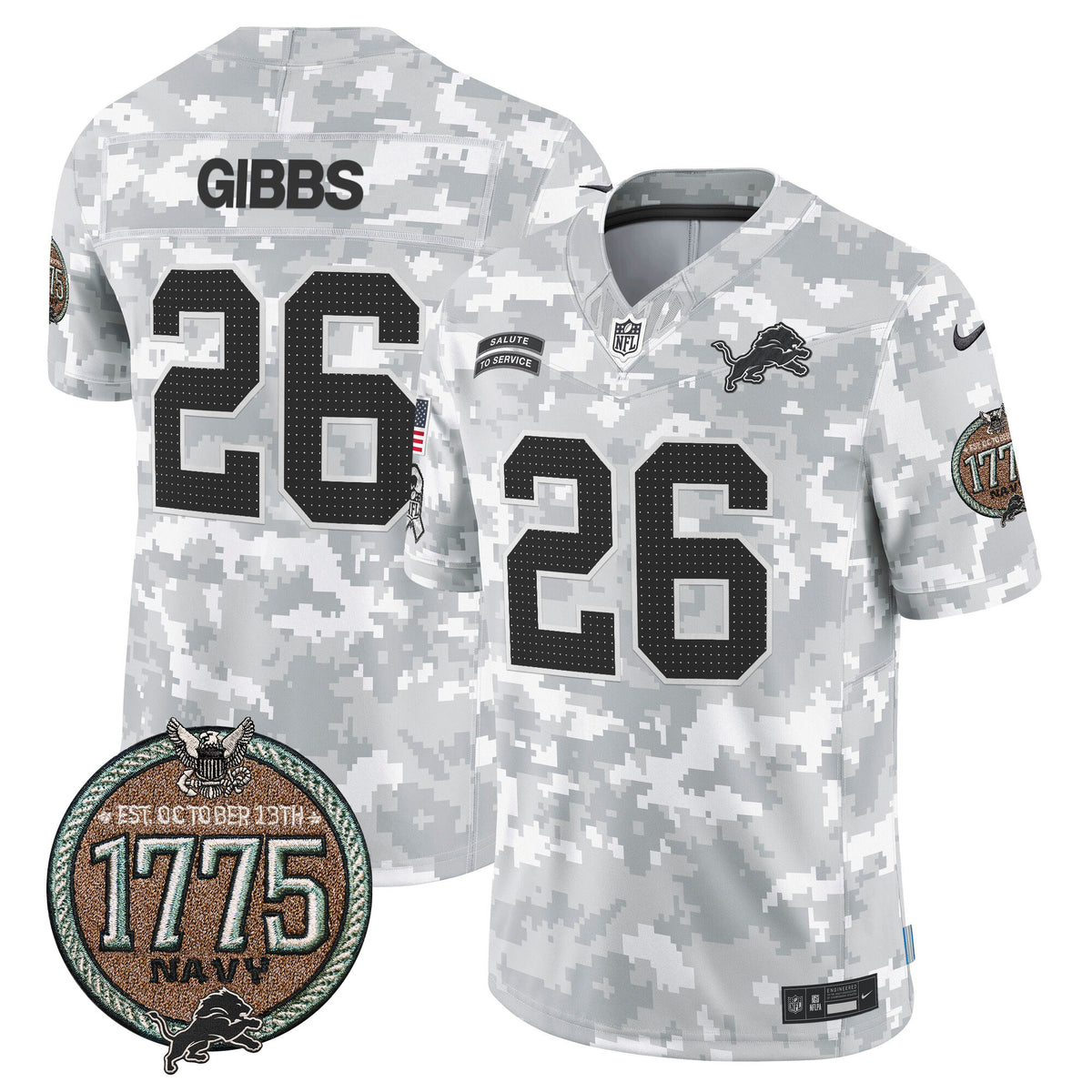 Men's Detroit Lions 2024 Salute to Service Establishment Year Patch Vapor Limited Jersey - All Stitched - Navy - Jahmyr Gibbs — view 1