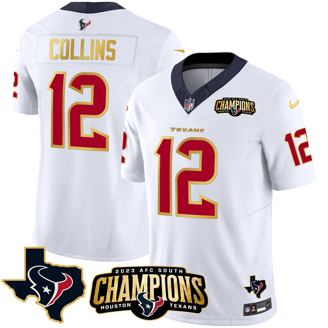 Men's Houston Texans 2023 AFC South Champions Patch Gold Trim Vapor Jersey - All Stitched - White - Nico Collins — view 1
