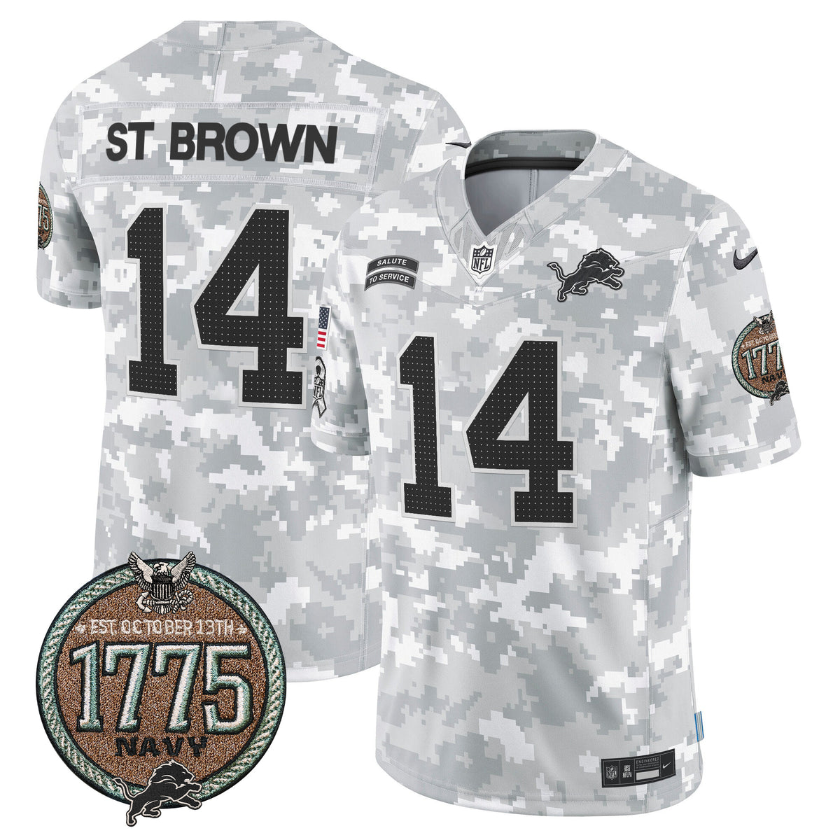 Men's Detroit Lions 2024 Salute to Service Establishment Year Patch Vapor Limited Jersey - All Stitched - Navy - St. Brown — view 1