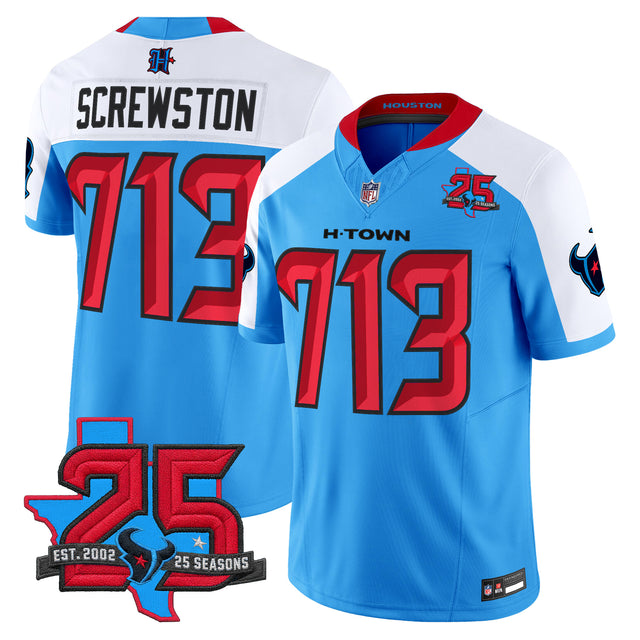 Men's Houston Texans 25th Year Anniversary Patch Vapor Limited Jersey - All Stitched - Blue Alternate - Screwston 713 — view 1