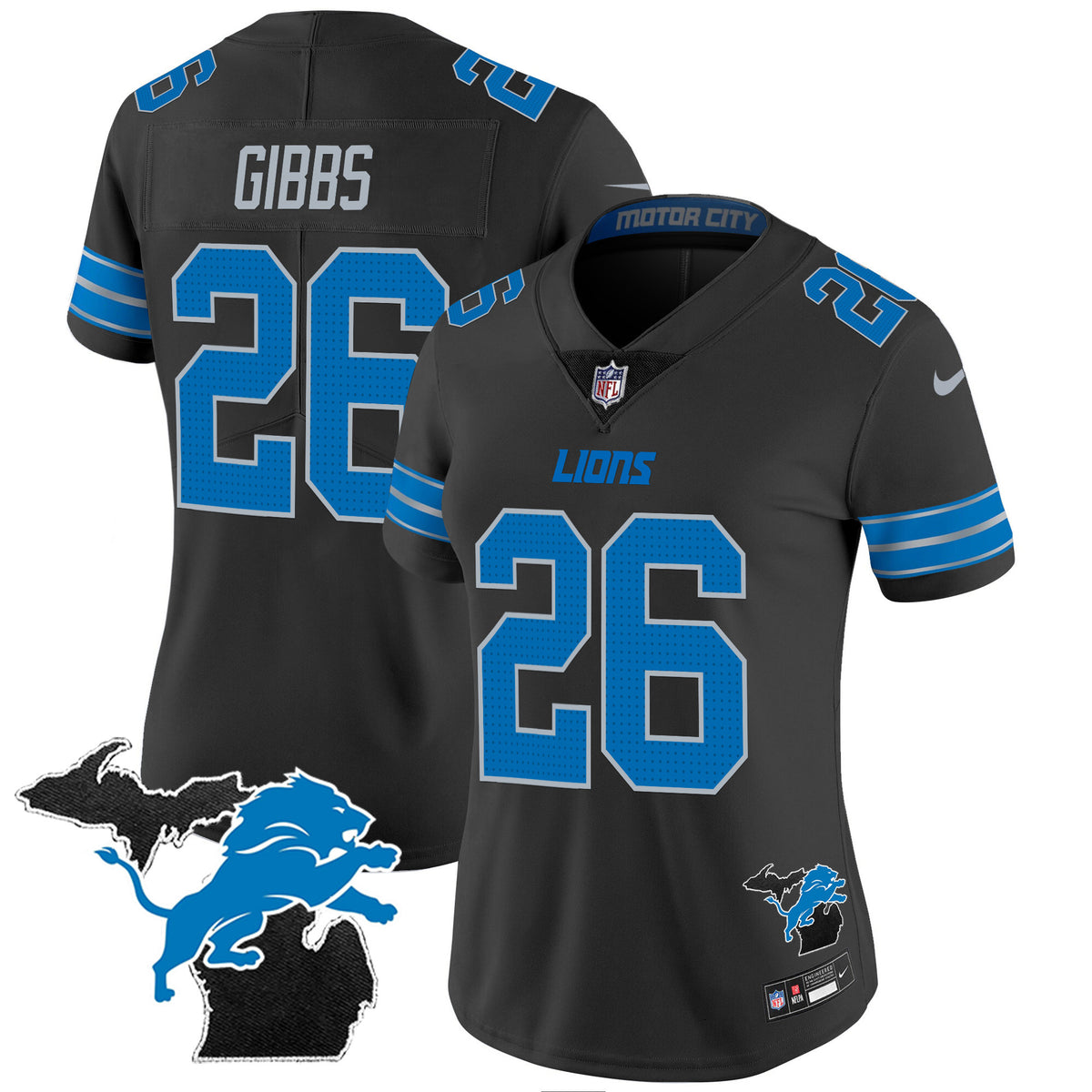 Women's Detroit Lions 2024 Michigan Patch Vapor Jersey - All Stitched - Black - Jahmyr Gibbs — view 1
