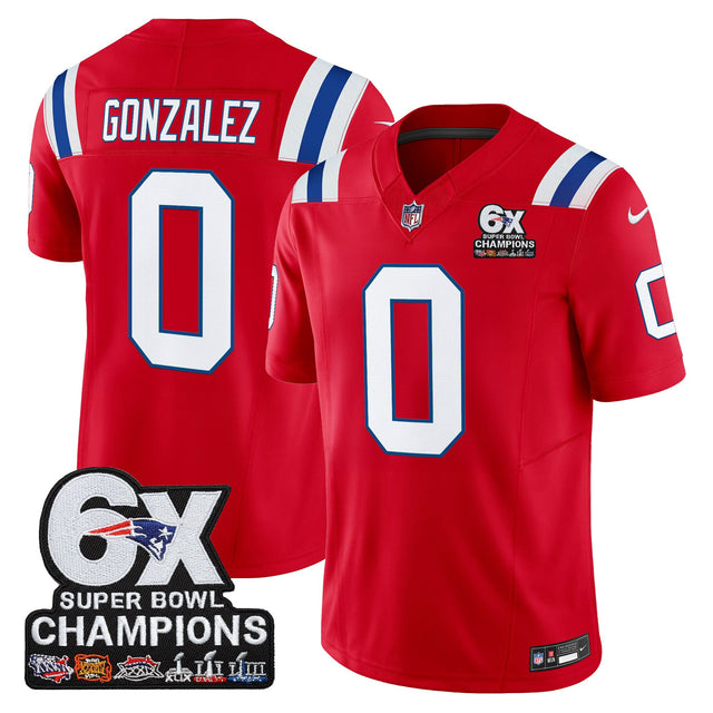 Men's New England Patriots 6-Time Champions Patch Vapor Limited Jersey - All Stitched - Red - Christian Gonzalez — view 1