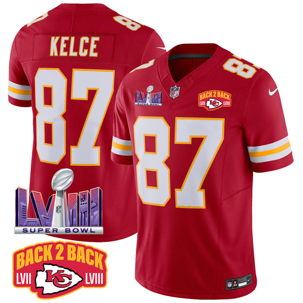 Men's Chiefs Super Bowl LVIII & Back 2 Back Patch Vapor Jersey - All Stitched - Red - Travis Kelce — view 1