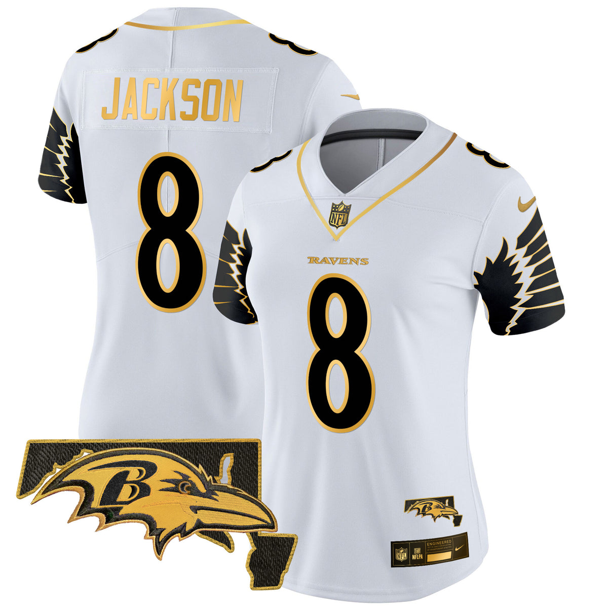 Women's Ravens Maryland Patch Gold Vapor Limited Jersey V2 - All Stitched - White Gold - Lamar Jackson — view 1