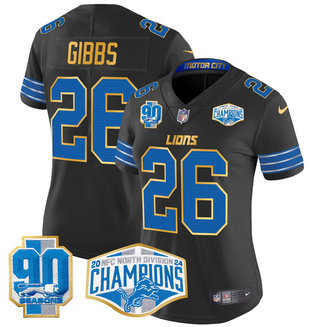Women's Detroit Lions 2024 NFC North Division Champions Patch Gold Trim Vapor Limited Jersey - All Stitched - Black - Jahmyr Gibbs — view 1