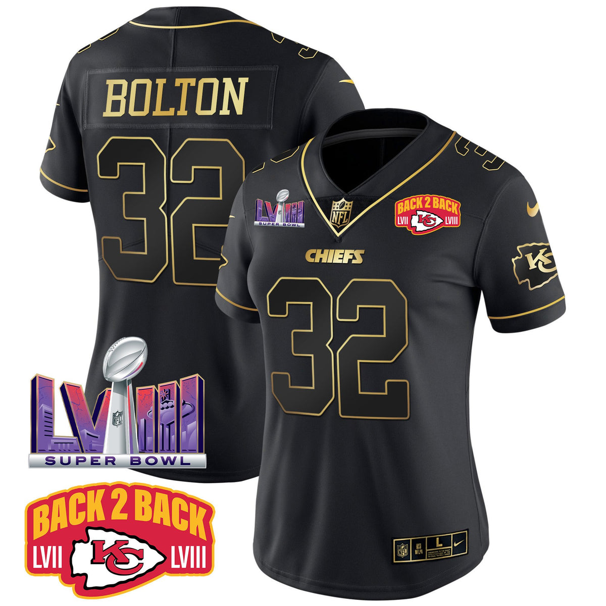 Women's Chiefs Super Bowl LVIII & Back 2 Back Patch Vapor Jersey V2 - All Stitched - Black Gold - Nick Bolton — view 1