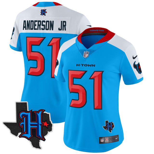 Women's Houston Texans 2024 Texas Patch Vapor Limited Jersey V2 - All Stitched - Blue Alternate - Will Anderson Jr — view 1