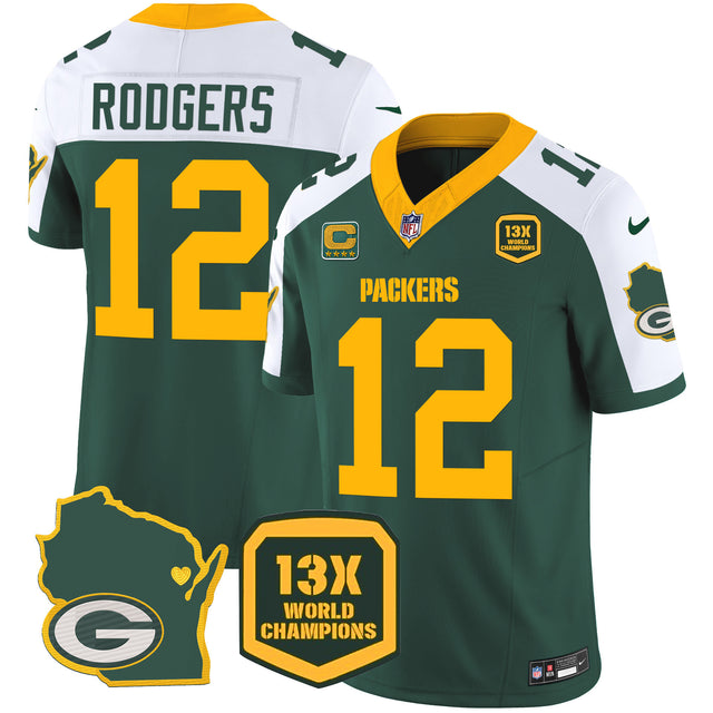 Men's Packers 13 Time World Champions & Home Patch Vapor Jersey V2 – All Stitched - Alternate - Aaron Rodgers — view 1