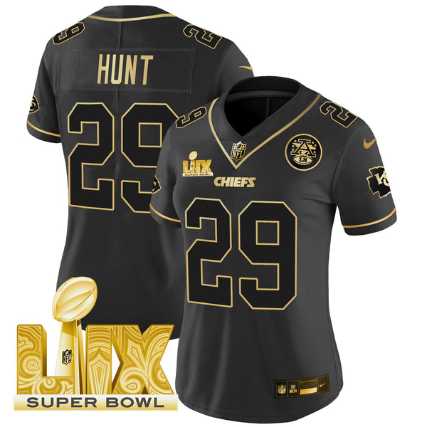 Women's Chiefs Super Bowl LIX Patch Gold Vapor Limited Jersey - All Stitched - Black Gold - Kareem Hunt — view 1