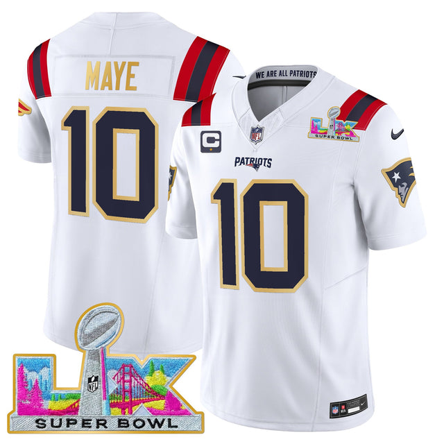 Men's New England Patriots Super Bowl LX Gold Trim Vapor Limited Jersey - All Stitched - White - Drake Maye — view 1