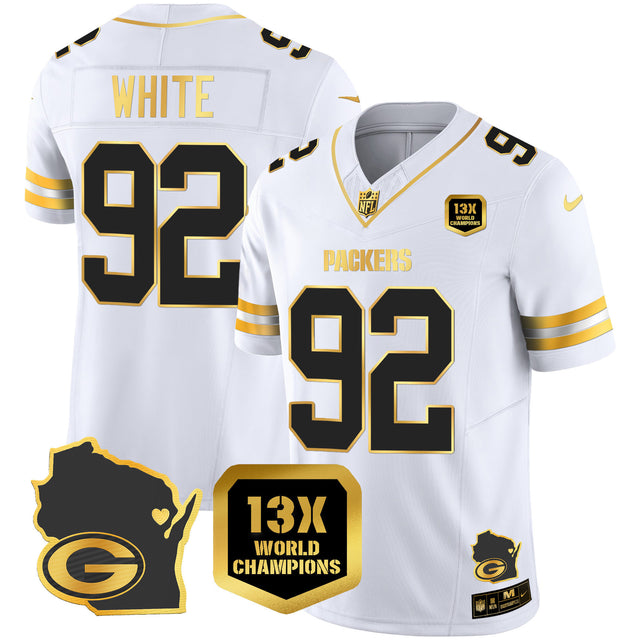 Men's Packers 13 Time World Champions & Home Patch Gold Vapor Jersey V2 – All Stitched - White Gold - Reggie White — view 1