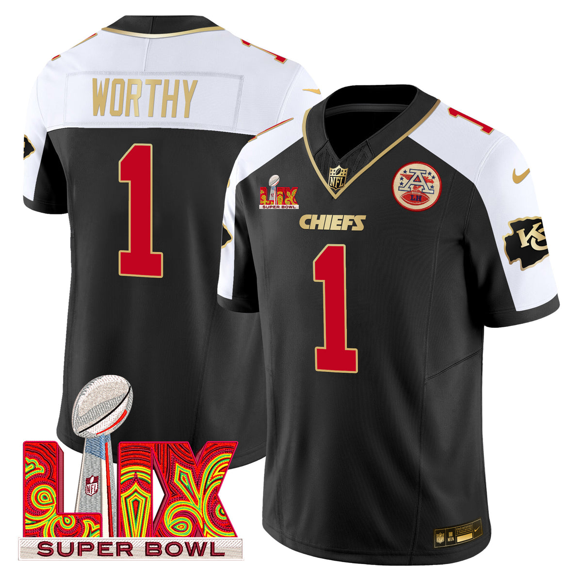 Men's Chiefs Super Bowl LIX Patch Gold Trim Vapor Limited Jersey - All Stitched - Black Alternate - Xavier Worthy — view 1