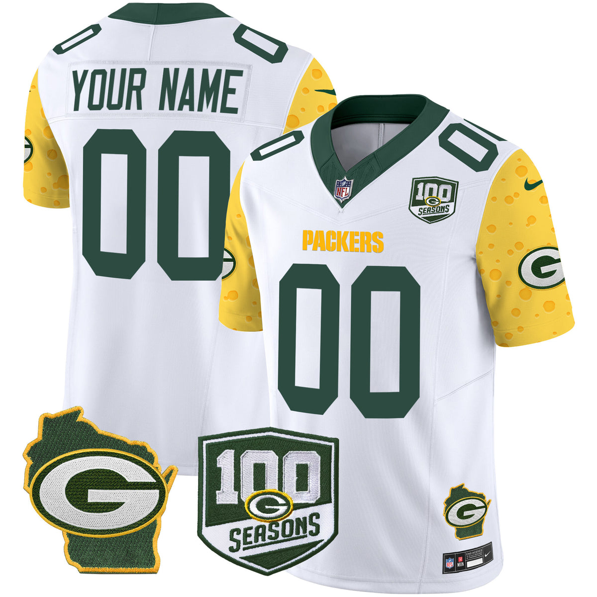 Packers 100th Season & Home Patch Cheese Vapor Limited Custom Jersey – All Stitched - White — view 1