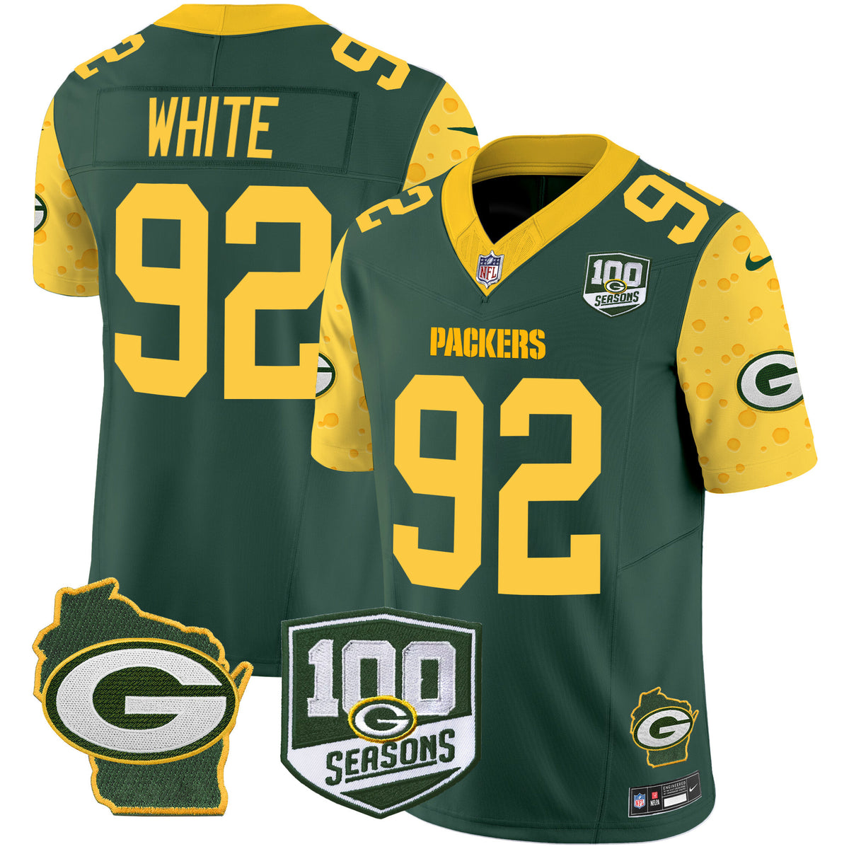 Men's Packers 100th Season & Home Patch Cheese Vapor Limited Jersey – All Stitched - Green - Reggie White — view 1