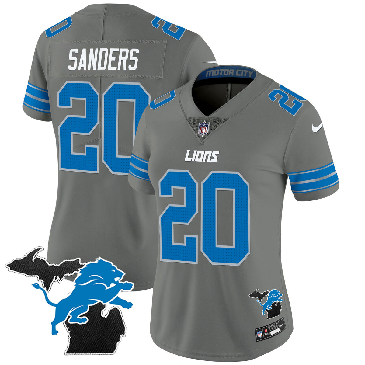 Women's Detroit Lions 2024 Michigan Patch Vapor Jersey - All Stitched - Gray - Barry Sanders — view 1
