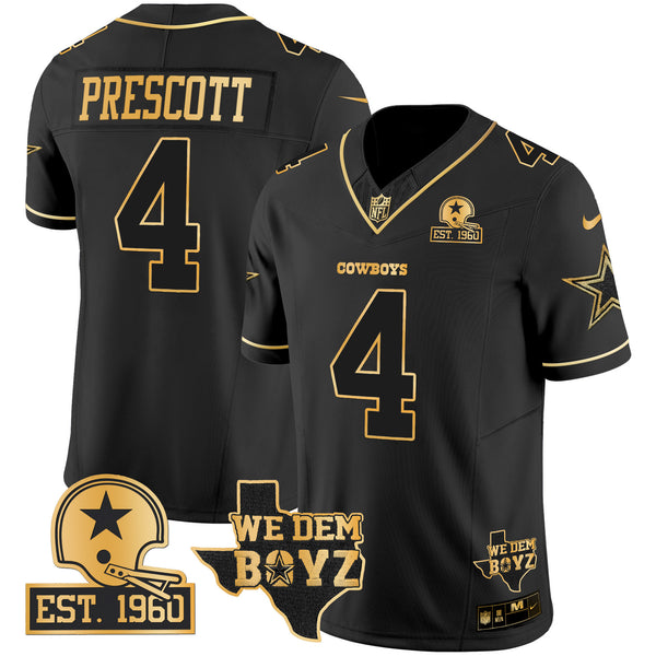 Men's Cowboys Est. 1960 & We Dem Boyz Patch Gold Vapor Limited Jersey V2 - All Stitched - Black Gold - Dak Prescott — view 1
