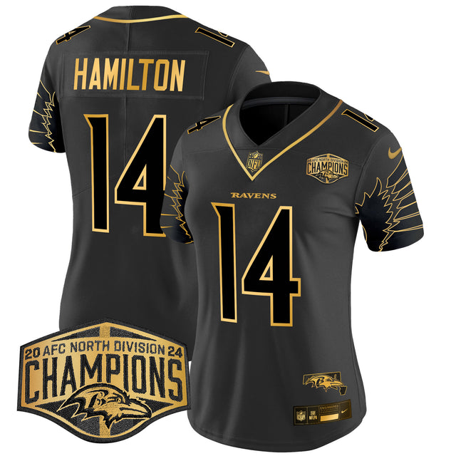 Women's Ravens Maryland 2024 AFC North Division Champions Patch Gold Vapor Limited Jersey - All Stitched - Black Gold - Kyle Hamilton — view 1