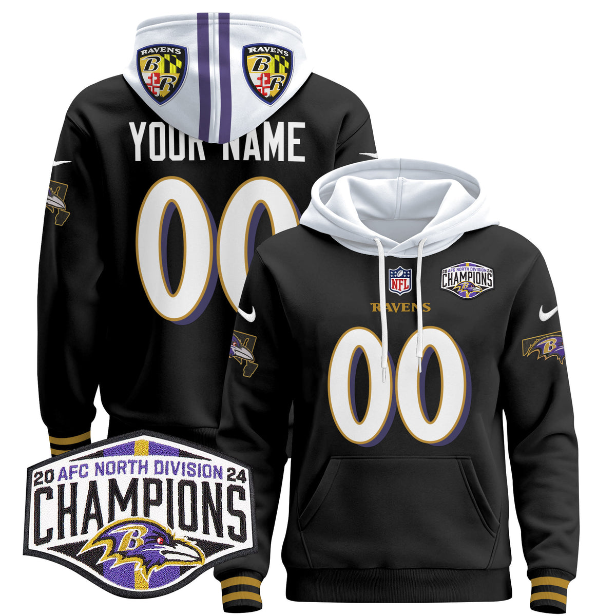 Baltimore Ravens 2024 AFC North Division Champions Patch Custom Pullover Hoodie V2 - All Stitched - Black — view 1