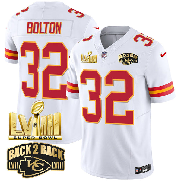 Men's Chiefs Super Bowl LVIII & Back 2 Back Gold Patch Vapor Jersey - All Stitched - White - Nick Bolton — view 1