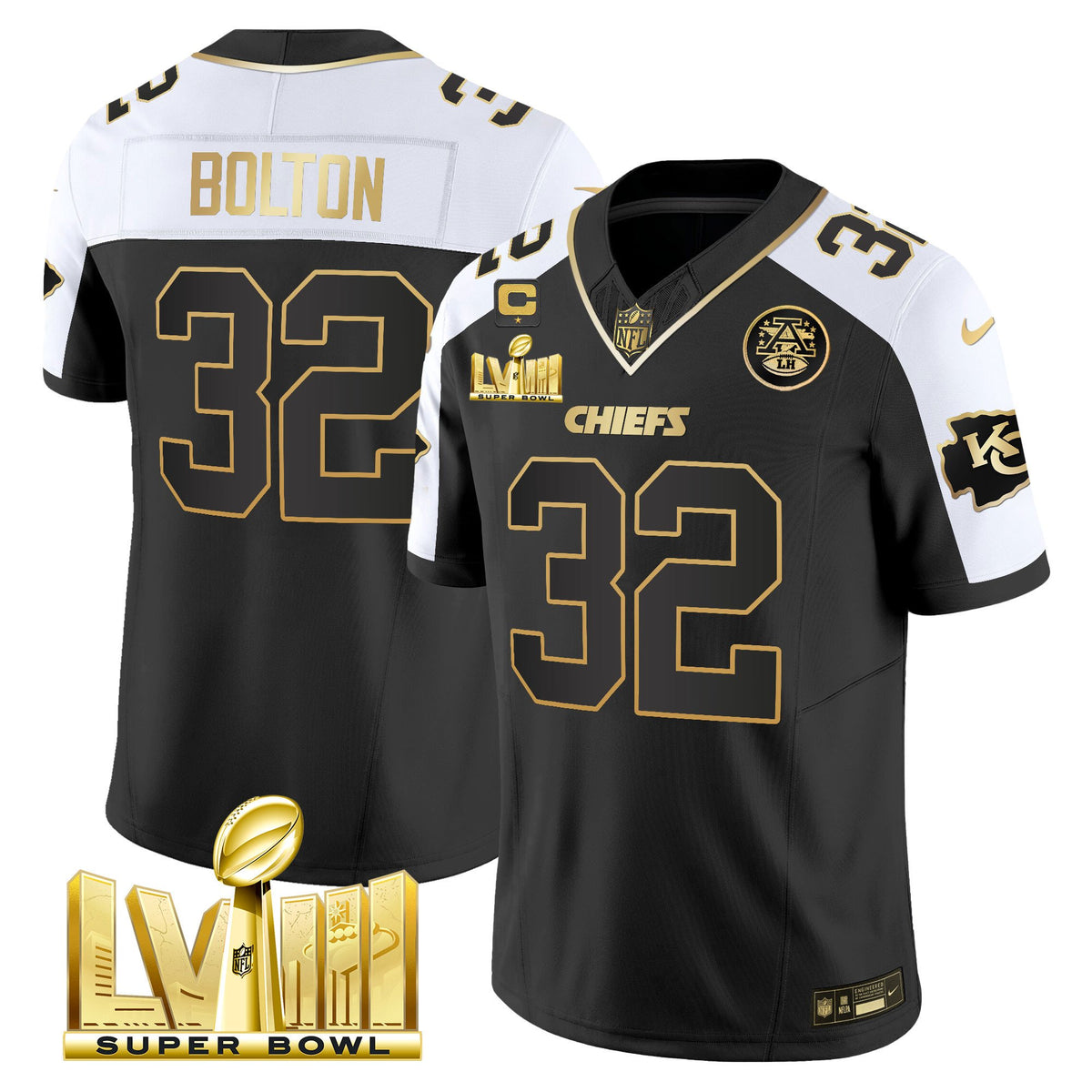 Men's Chiefs Super Bowl LVIII Gold Patch Vapor Jersey V4 - All Stitched - Alternate - Nick Bolton — view 1