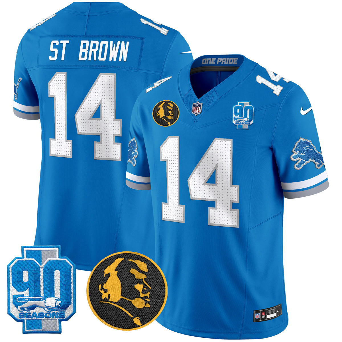 Men's Detroit Lions 2024 90th & John Madden Patch Vapor Limited Jersey V2 - All Stitched - Blue - St. Brown — view 1