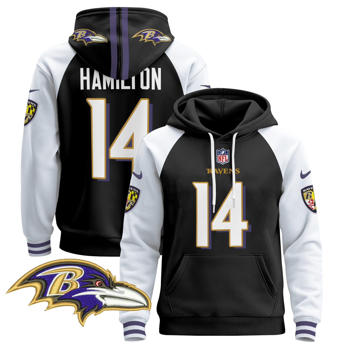 Men's Baltimore Ravens 2024 Pullover Hoodie V4 - All Stitched - Black Alternate - Kyle Hamilton — view 1