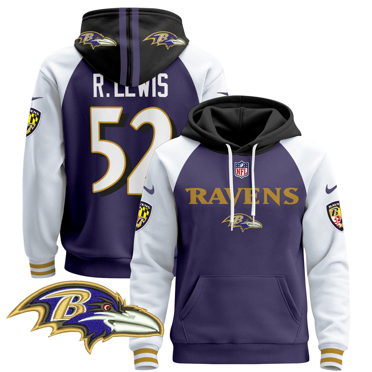Men's Baltimore Ravens 2024 Pullover Hoodie V3 - All Stitched - Purple Alternate - Ray Lewis — view 1