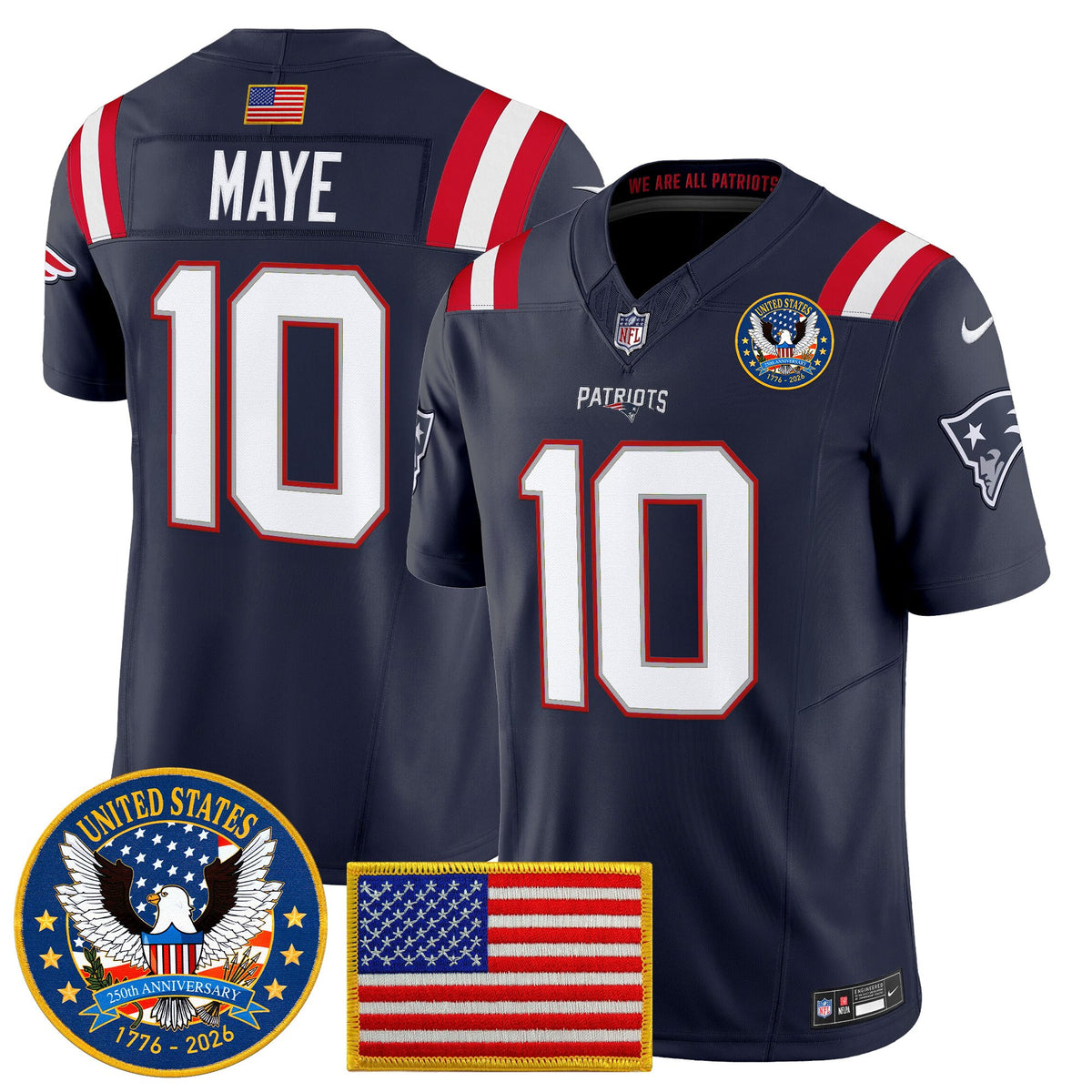 Men's New England Patriots United States 250th Anniversary Patch Vapor Limited Jersey - All Stitched - Navy - Drake Maye — view 1